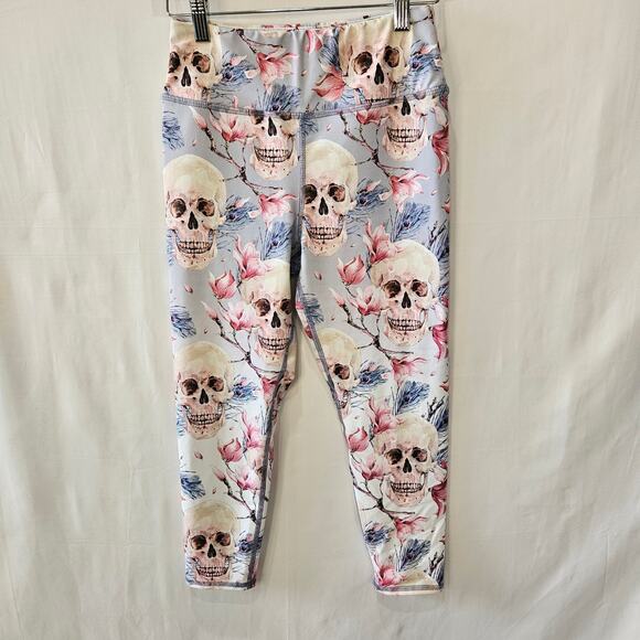 Evolution And Creation Skull Floral Cropped Yoga Pants Size Medium - Picture 1 of 9